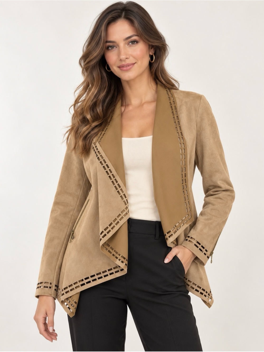 Women’s Tan Suede Open-Front Jacket